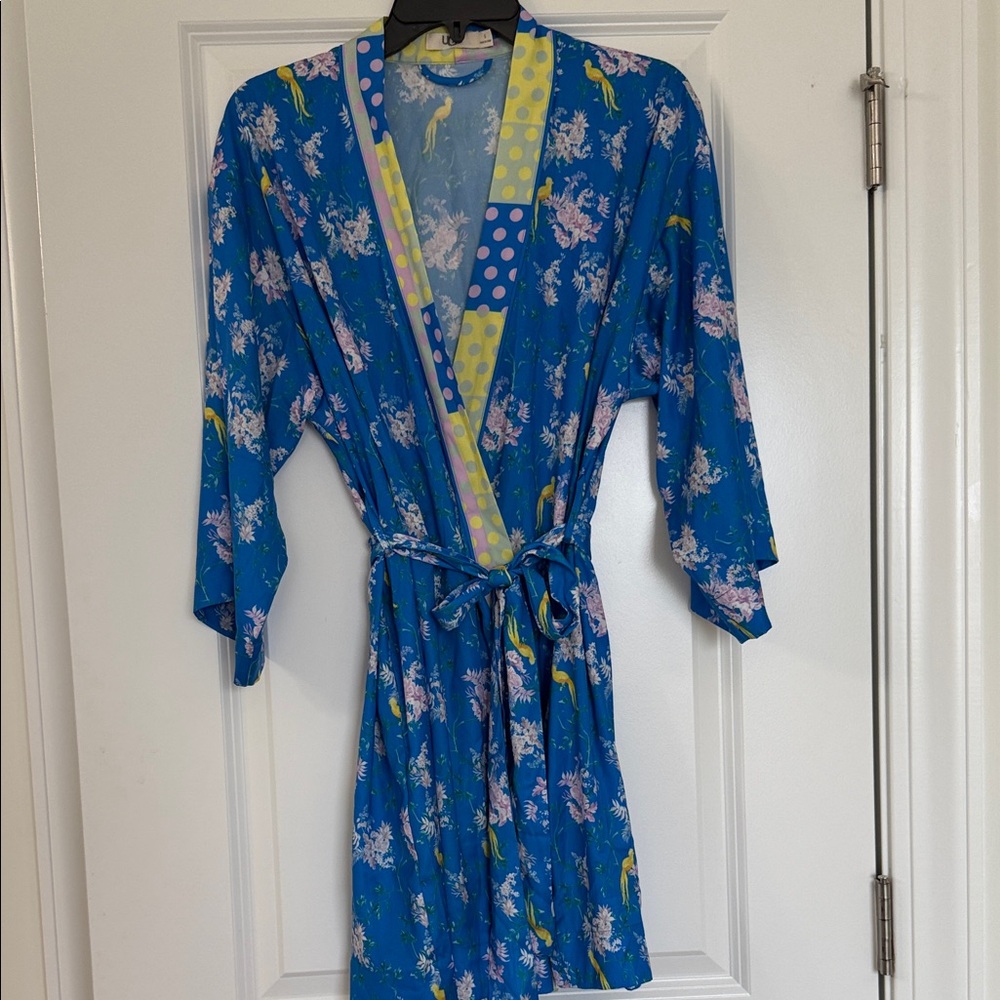 UGG Blue Floral Chinoiserie Robe Kimono with Yellow, Pink and green Accents